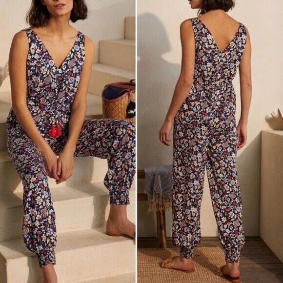 Boden Glorious British Style Navy Floral Jumpsuit tassel ties size 4R - Picture 1 of 13